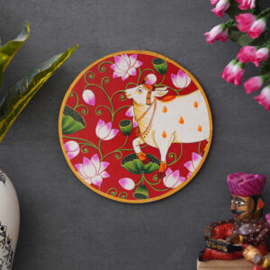 White Cow with Lotus Flowers in a Circle on a Red Background