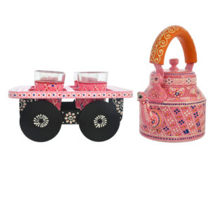 HandPainted Alluminium Pink Tea Kettle with Four Glasses and Wooden Tray For Home Décor , Tea Party , Serving