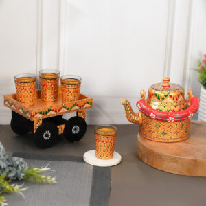 HandPainted Alluminium Tea Kettle with Four Glasses and Wooden Tray For Home Décor , Tea Party , Serving