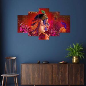 Radhe Krishna Set of Five 3D Framed Paintings for Wall Decoration – Ideal for Home, Living Room, and Bedroom (125 x 60 CM)