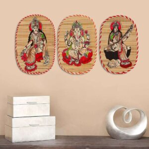 Bamboo Hand Crafted Wall Hangings Of The Trio Of Ganesh Ji, Laxmi Ji And Sarwasti Ji Painting For Home D?cor