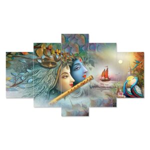 Radhe Krishna Set of Five 3D Framed Paintings for Wall Decoration – Ideal for Home, Living Room, and Bedroom (75 x 43 CM)